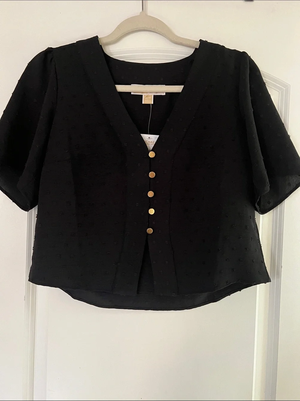 Michael Kors  Black V-Neck Dot Textured Button Front Top